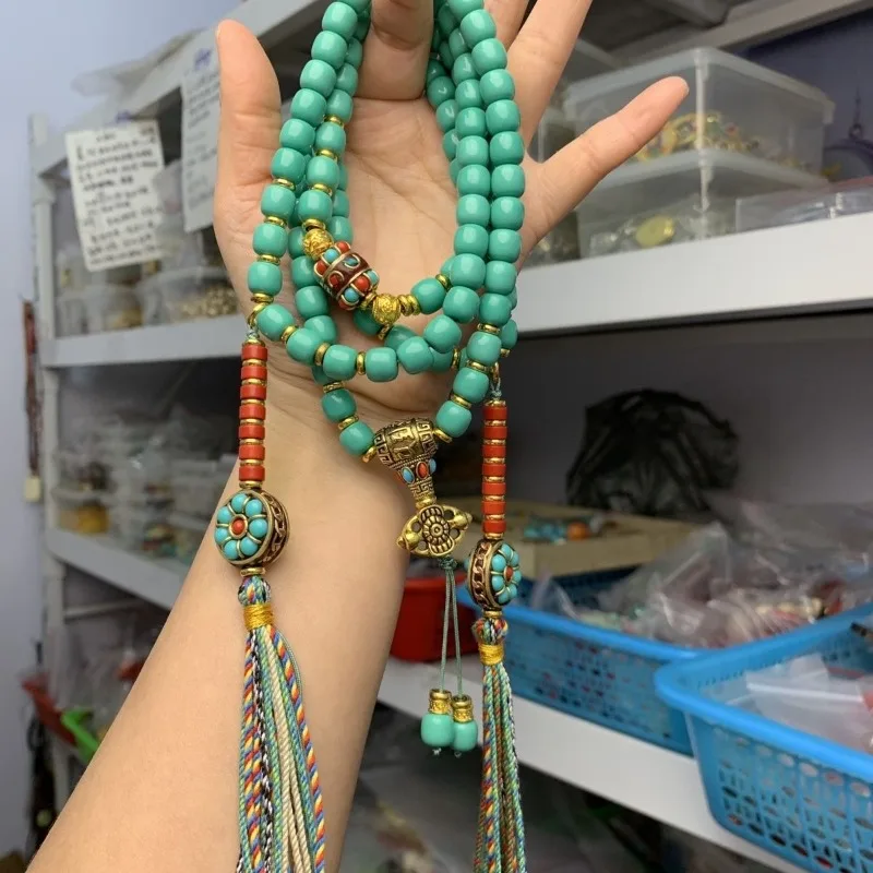 High Porcelain Turquoise 108 Mala Beads Tibetan Prayer Necklace, Nepal Tassel Side Pendant Unisex National Trend Sweater