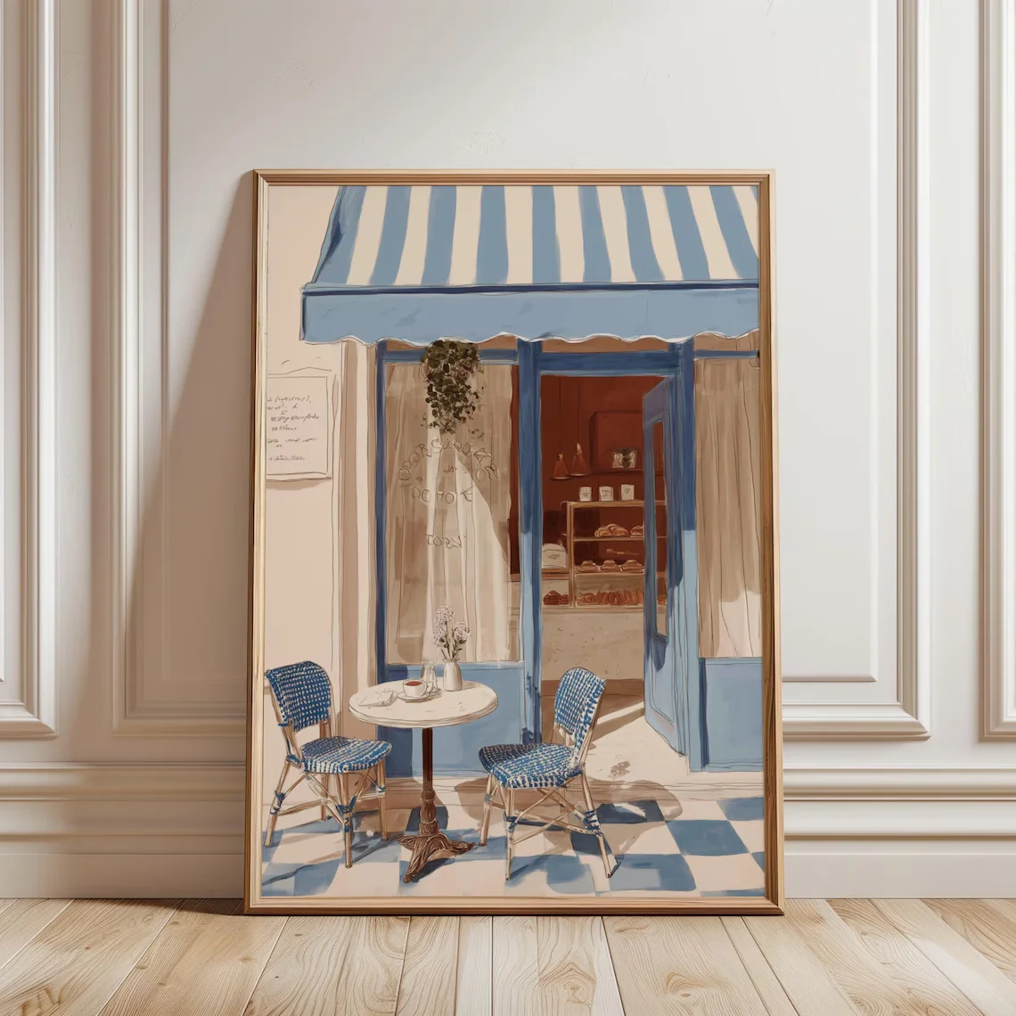 Cafetería con Toldo a Rayas Azules y Blancas – Impresión de Escena Urbana Europea Vintage, Arte de Pared Moderno para Sala de Estar, Comedor o Cafetería
