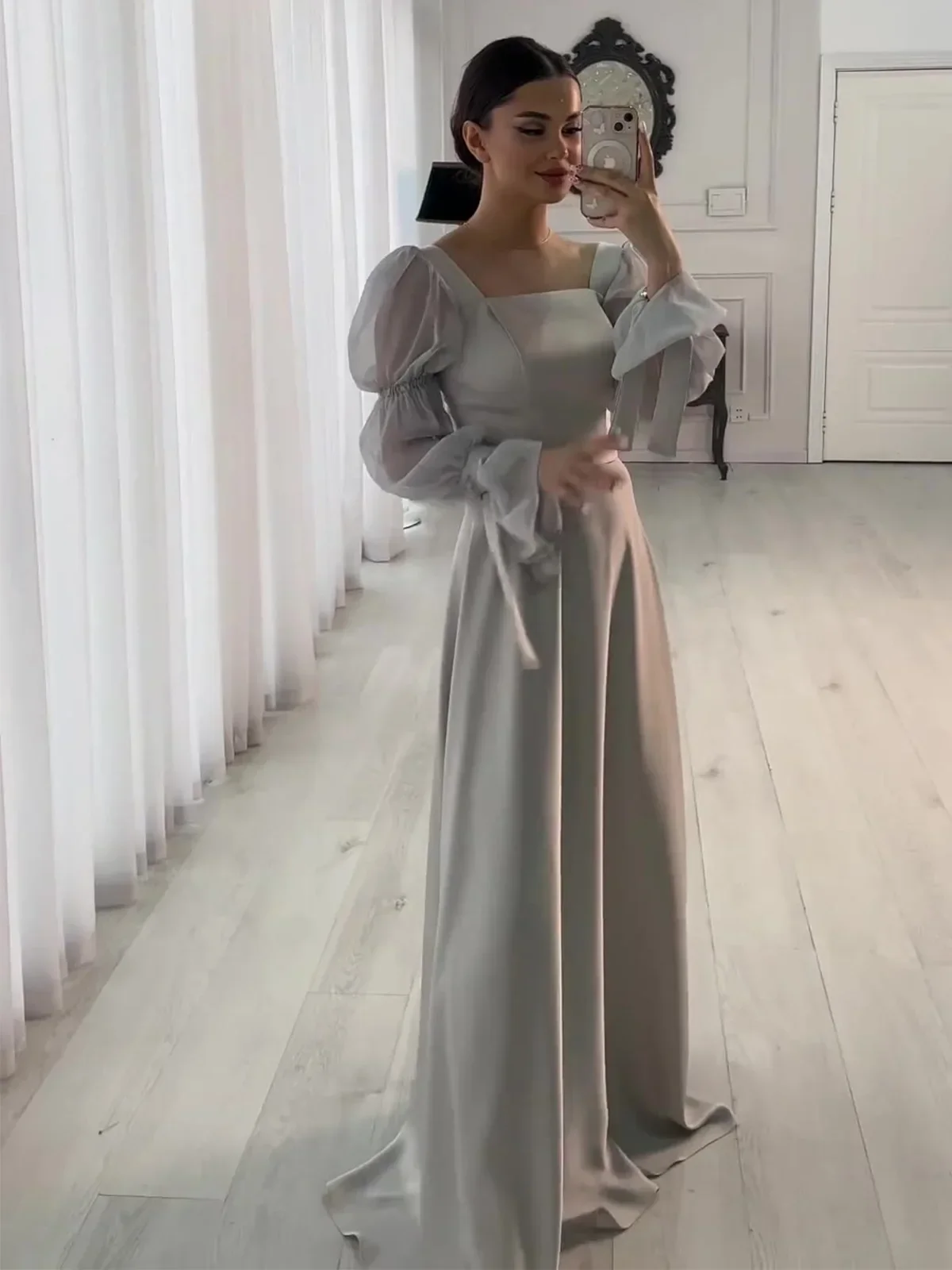 فستان سهرة نسائي شيفون ساتان فرنسي خرافي للغابات بياقة مربعة وحزام وأكمام مضيئة ملابس نسائية أنيقة للغاية ملابس خروج للسيدات