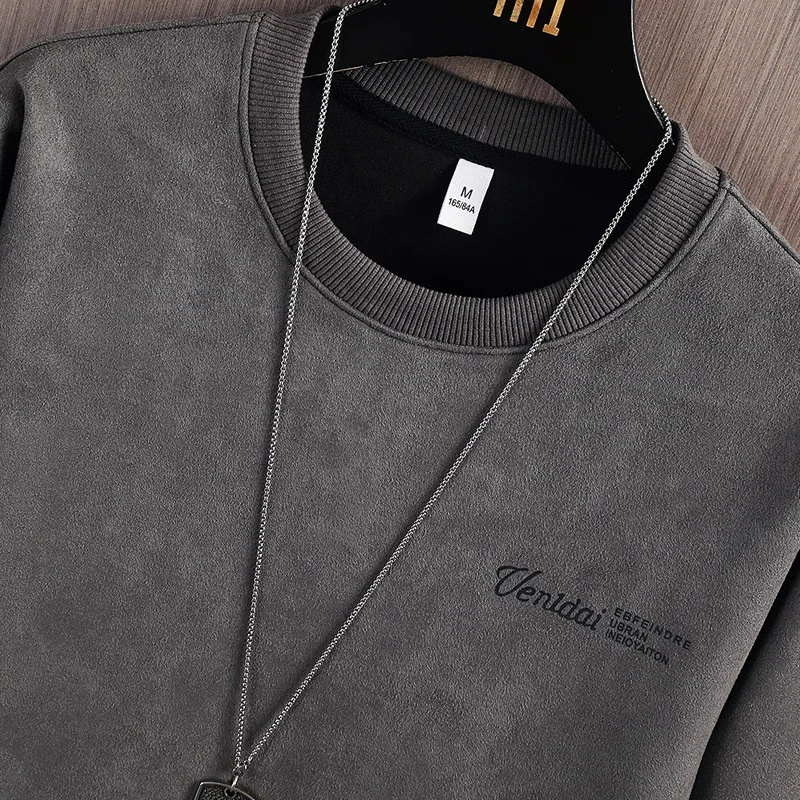 جولة الرقبة الرجال ربيع الخريف جلد الأيل أفخم الدافئة هوديس البلوز الرياضة عارضة فضفاض قاع قميص البلوز