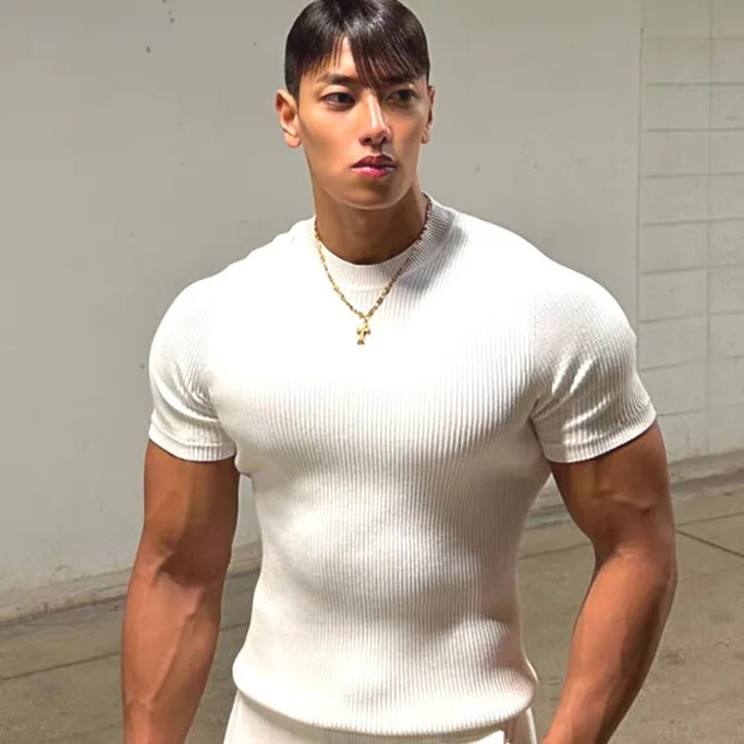 Men's White Black Solid Color Elastic Short Sleeve O-neck Waffle Undershirts Male New Fashion American Style T-shirt Top Clothes