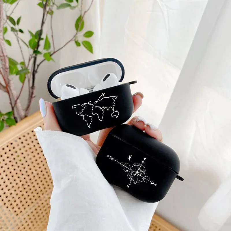 Reise Karte Design Airpod Fällen 3 für 2 1 Pro Gen Air Schoten Pro Abdeckung Schwarz Kopfhörer Box Flugzeug Coque