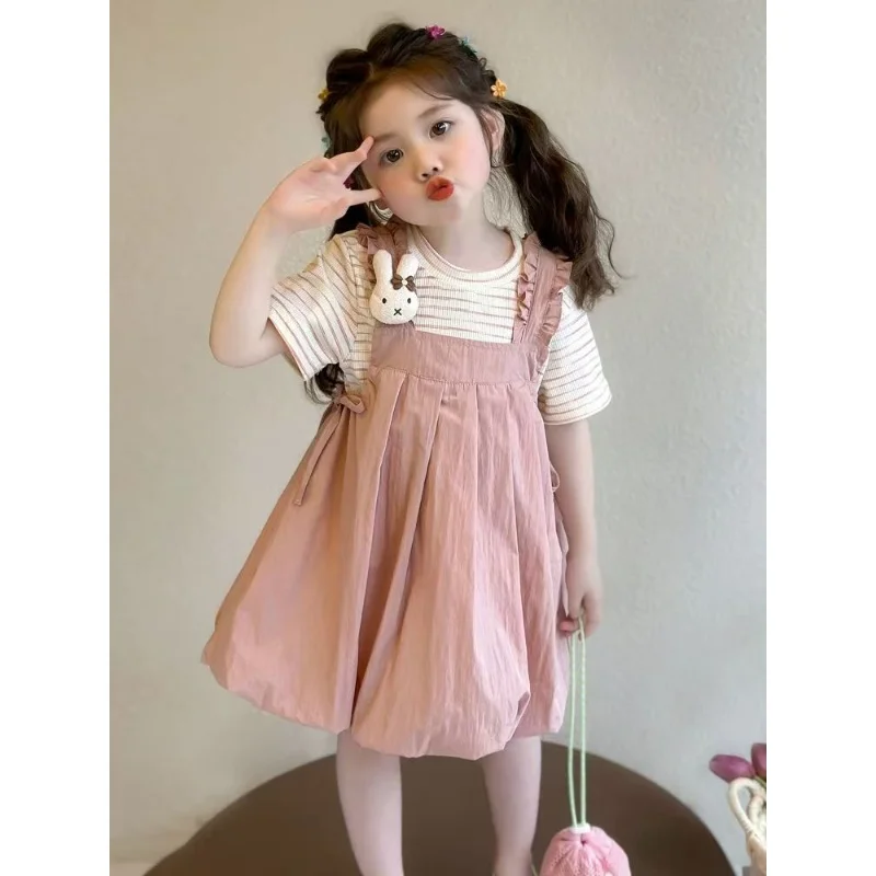 

Girls' Dress Set Summer New Style Children's Baby Striped Short-sleeved Three-dimensional Cartoon Strap Dress Two-piece Set