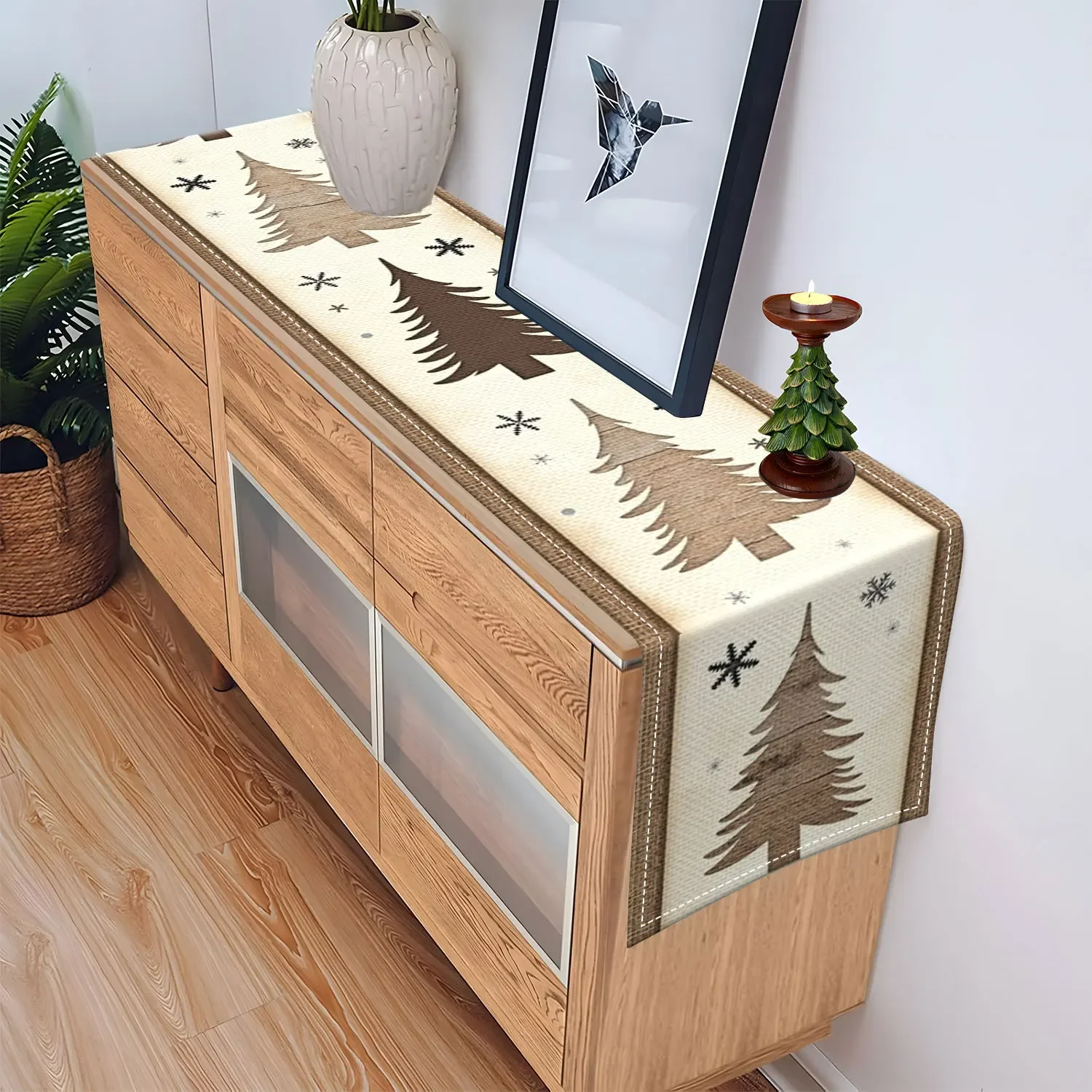 Christmas Pine-Themed Table Runner, Decorated with Vintage Pine Trees and Snowflakes, Suitable for Christmas and Winter Home Dec