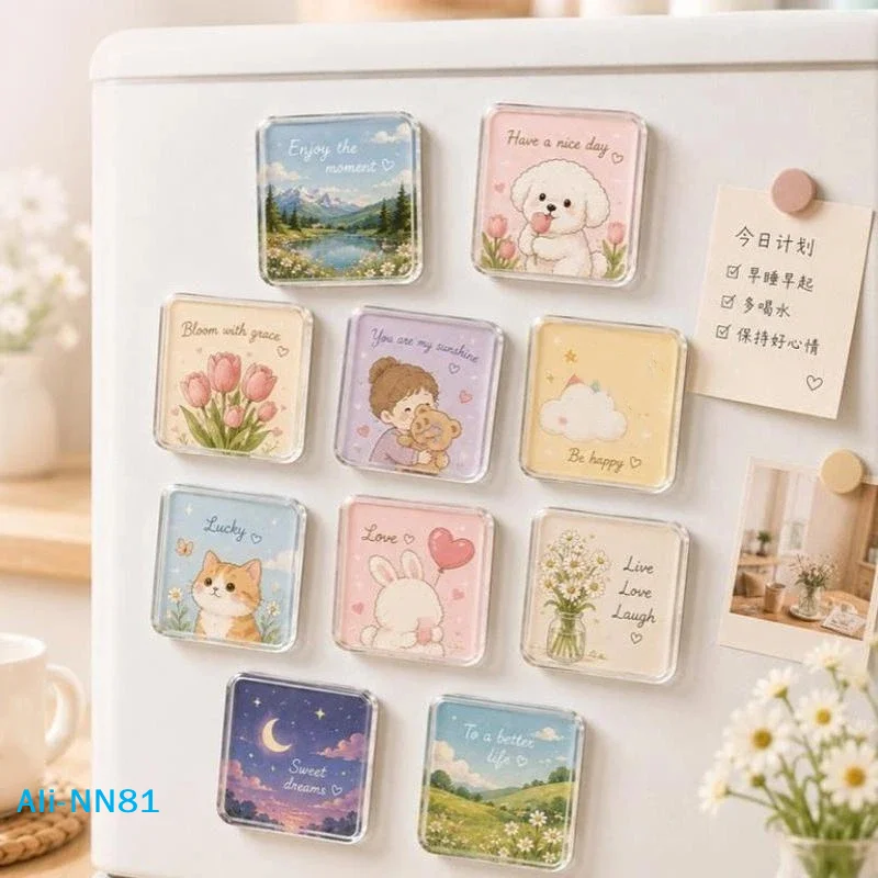 【N】5 Sets DIY Refrigerator Magnet Transparent Acrylic Square Round With Magnetic Sheet Material Package Home Decor Gift For Kids