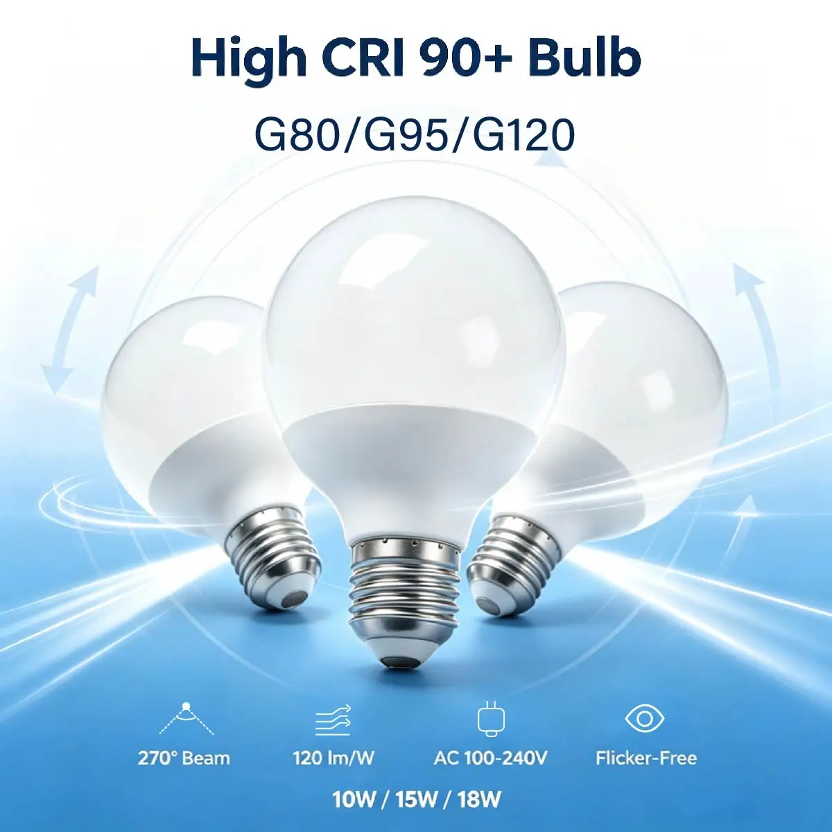 E27 CRI90+ Globe LED Bulb G80 G95 G125 10W 15W 18W AC100‑240V 120LM/W PC Aluminum Round Lamp Vanity Mirror Indoor Decor Light