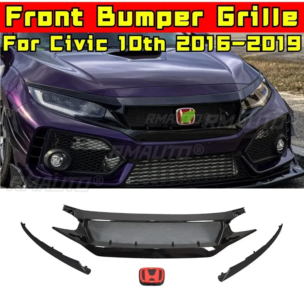 

Civic Racing Grills Автомобильная передняя гоночная решетка Комплект кузова Решетка переднего бампера для 10-го поколения Civic 2016-2019 Внешняя часть