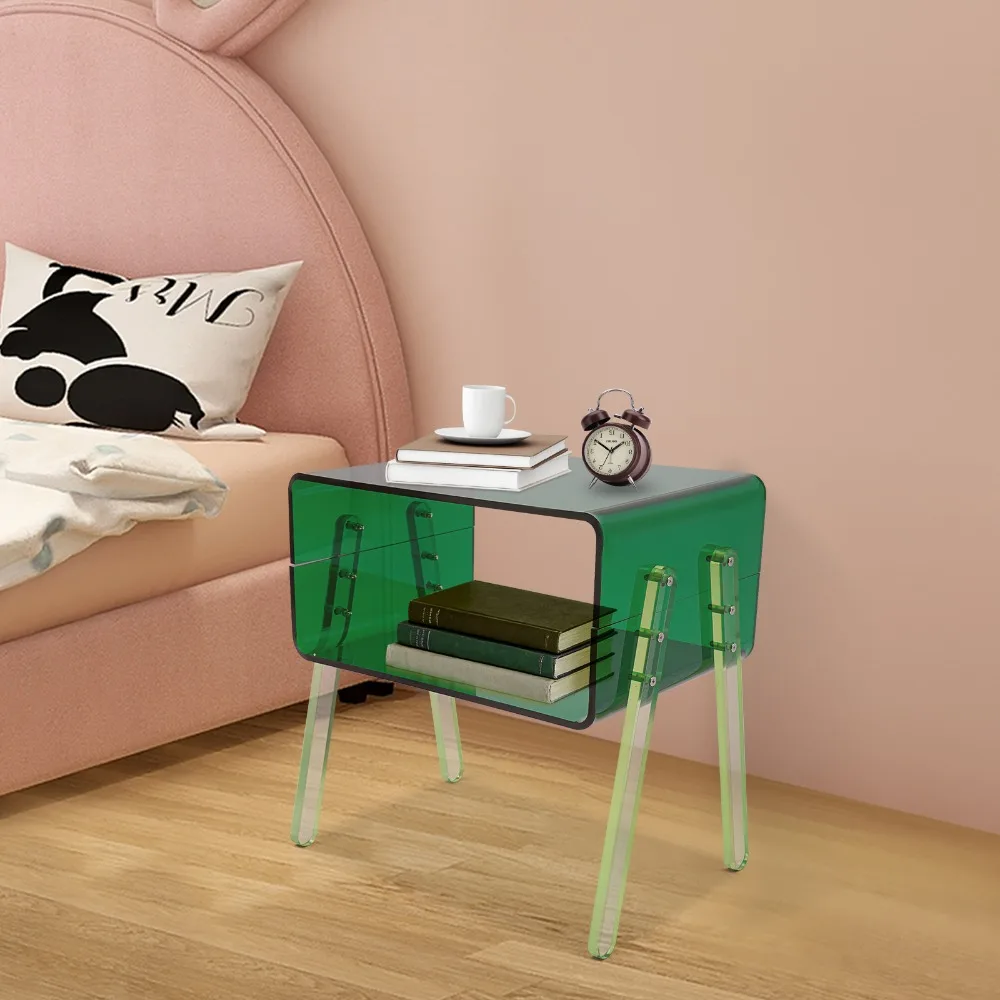 

2-Tier Green Acrylic Side Table with Open Storage - Modern Minimalist Design, 33Lbs Bearing Capacity, Pre-drilled Holes
