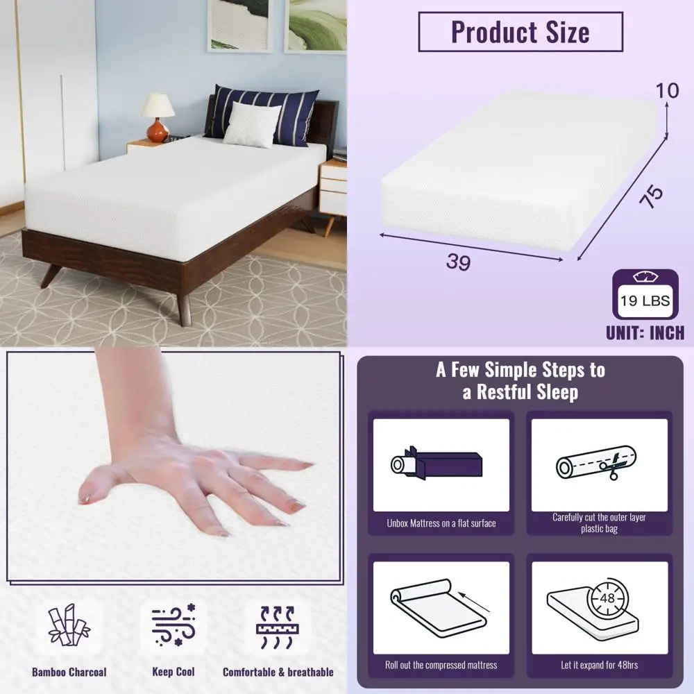 مرتبة إسفنجية ميموري مقاس 10 بوصة مع جل فحم الخيزران وغطاء ناعم قابل للإزالة معتمد من CertiPUR-US لـ Comfortable S #1