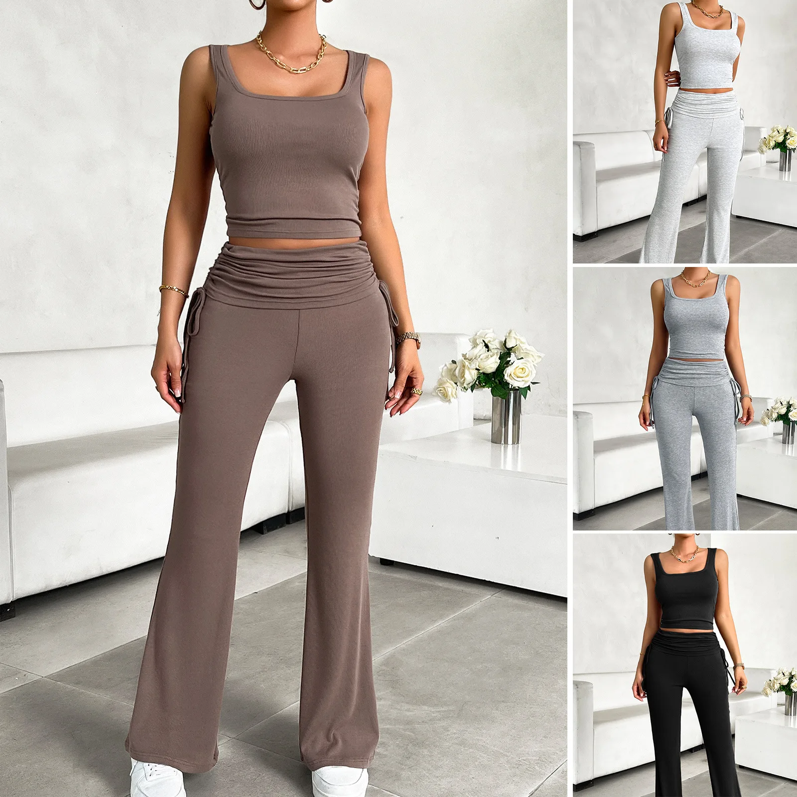 

Diyun Cross-border Foreign Trade Women's Clothing Spring and Summer Casual Solid Color Slim Vest Long Pants Set