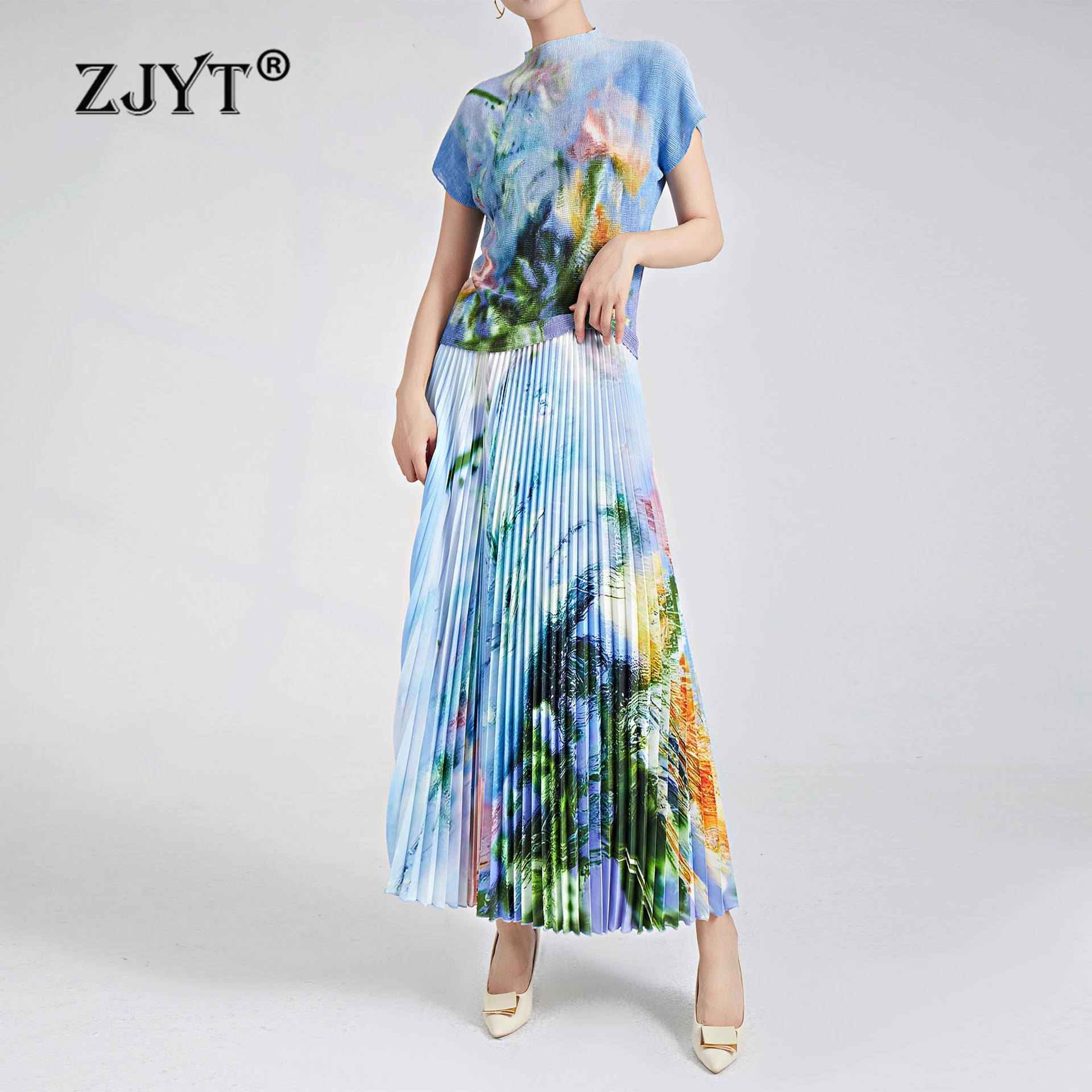 

ZJYT Fashion Midi Pleated Skirt Top Sets for Women 2 Pieces Outfit Elegant Ladies Summer Suits Print Dress Set Roupas Feminina
