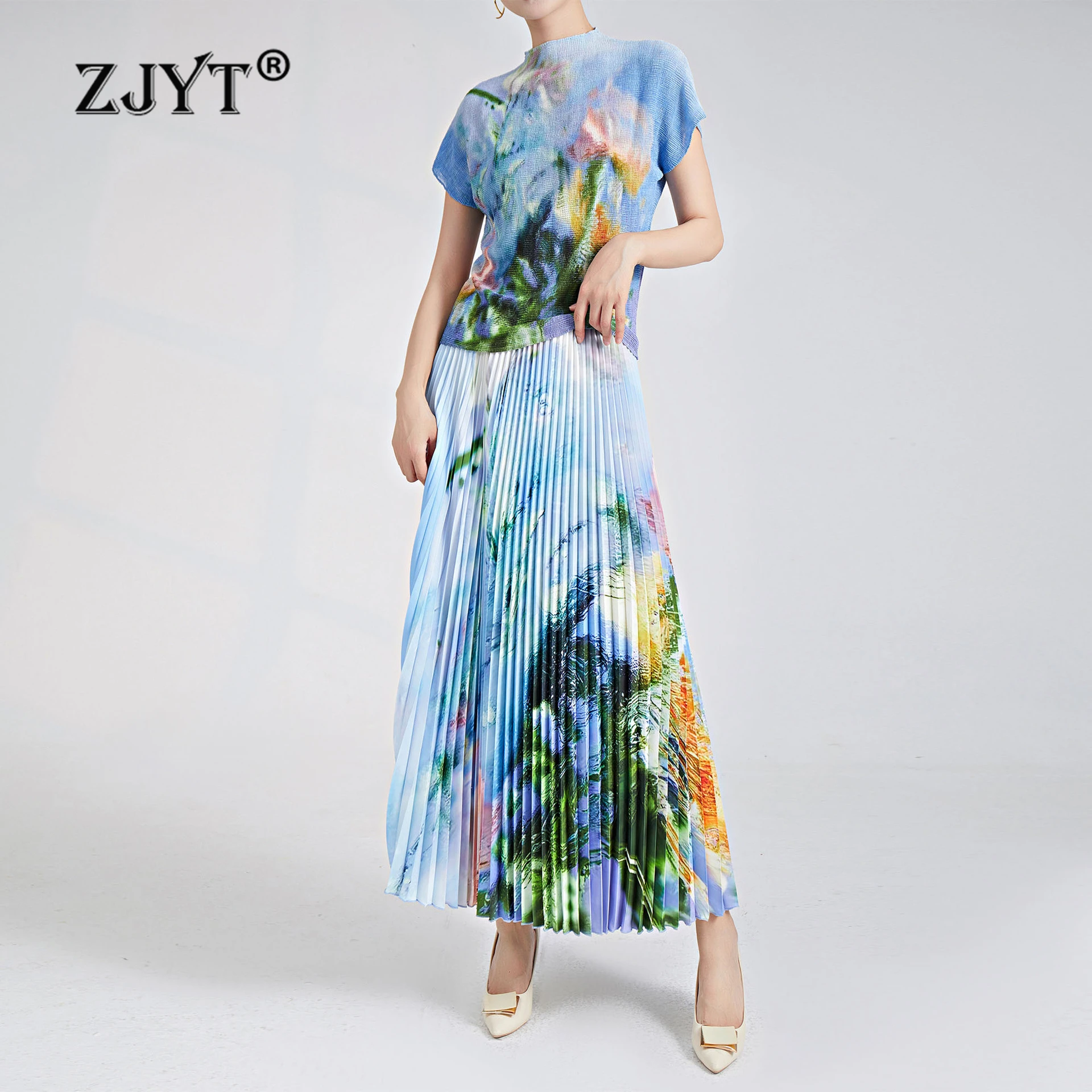 ZJYT Fashion Midi Pleated Skirt Top Sets for Women 2 Pieces Outfit Elegant Ladies Summer Suits Print Dress Set Roupas Feminina