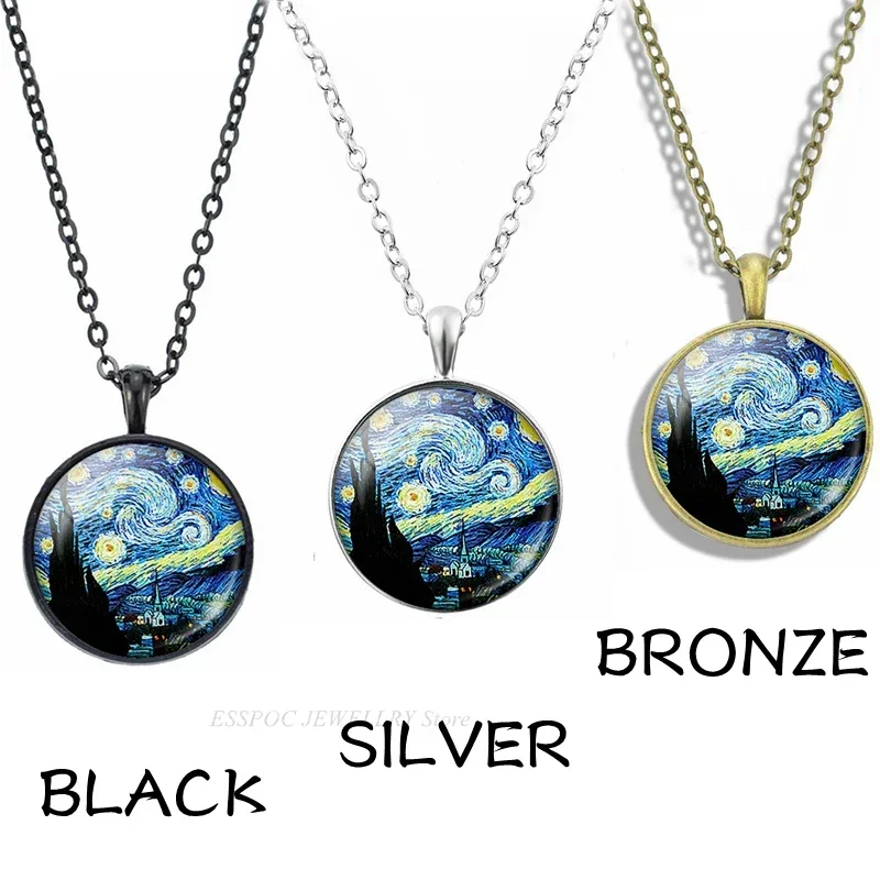 Van Gogh Necklace Starry Night Sky Sunflower Pendant Art Oil Paintings Glass Cabochon Jewelry Fashion Gifts Dropshipping