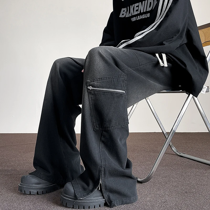 남성용 바이브 스타일 가을 워싱 지퍼 청바지, 힙합 견고한 와이드 레그 팬츠, 느슨한 스트레이트 튜브 데님 바지