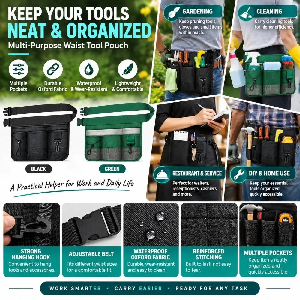 Green Black Tool Storage Bag with Belt Storage Cleaning Tool Waist Bag Tool Pouch Portable Multi Pocket Bag Cleaning Work