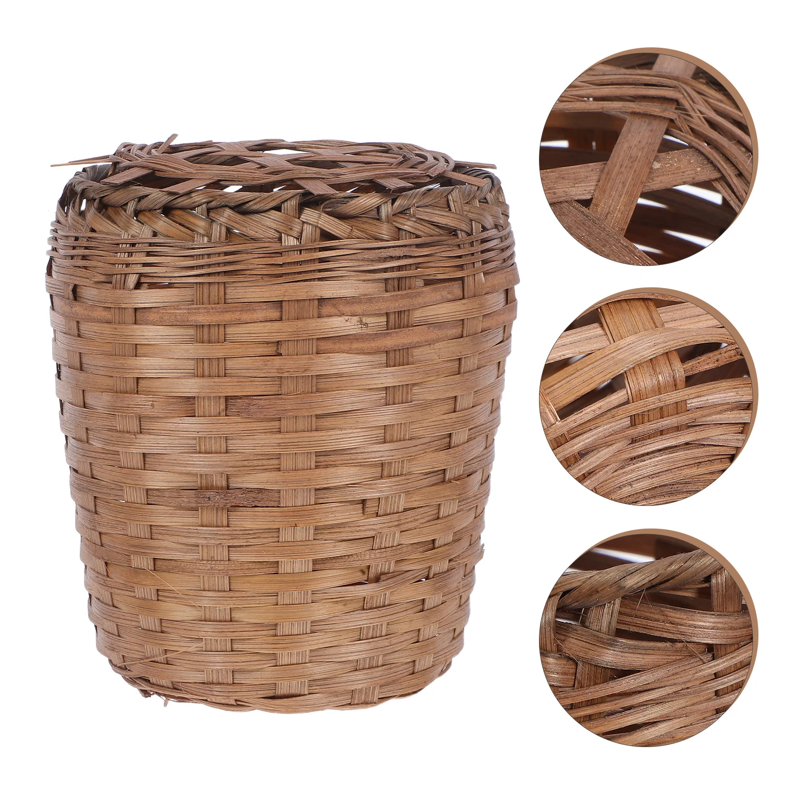 

Round Wooden Woven Waste Basket With Lid Wicker Trash Can Garbage Container Bin Flower Basket For Home Bathroom Kitchen Office