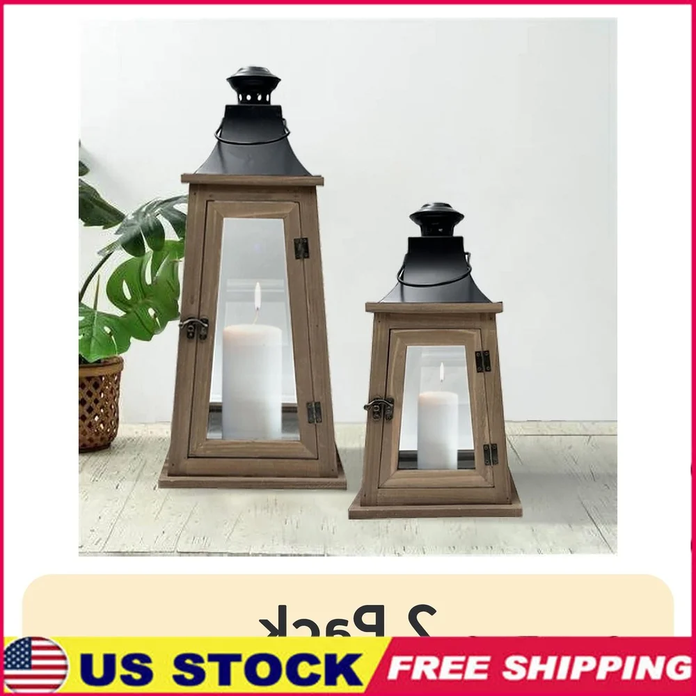 

2 Pack Rustic Wood Metal Lantern Candleholder Decorative Light Holder Indoor Use with Clear Glass Windows Pillar Candles