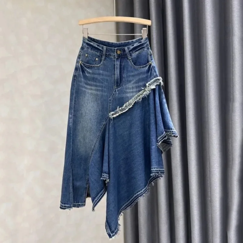 Trendy Fashion Women\'s Patchwork Pleated Denim Skirts 2024 Summer New High Waist  Buttons Pockets Skirt Female