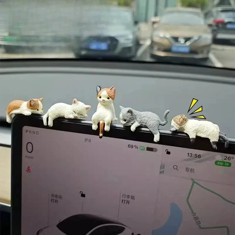 4/5 pièces Décoration Chaton Mignon, Poupée Chat Endormi Créative, Ornements pour Écran d'Auto, Jouets, Décoration Micro-Paysage Chat, Cadeaux