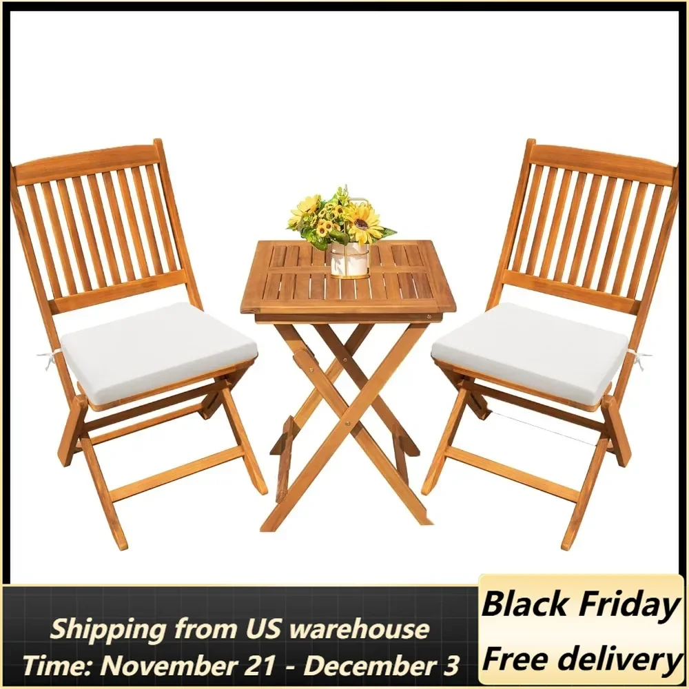 Outdoor 3 Piece Folding Patio Bistro Set Acacia Wood Bistro Table and Chairs Set of 2 for Garden Poolside Backyard Balcony Porch