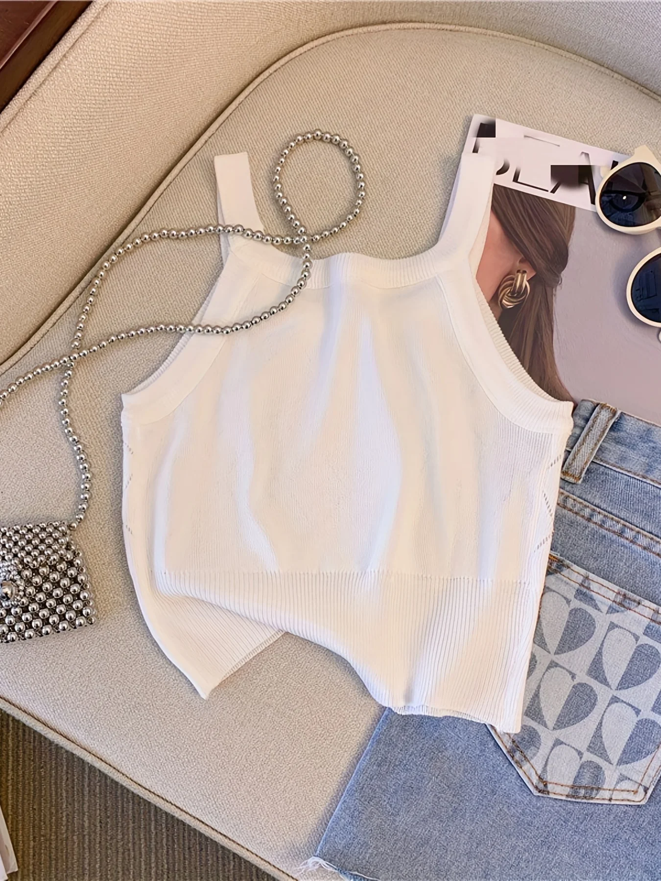 Solid Rhinestone Eyelet Spaghetti Top Casual Crew Neck Sleeveless Knitted Cami Top For Spring Summer Women\'s Clothing Crop Top