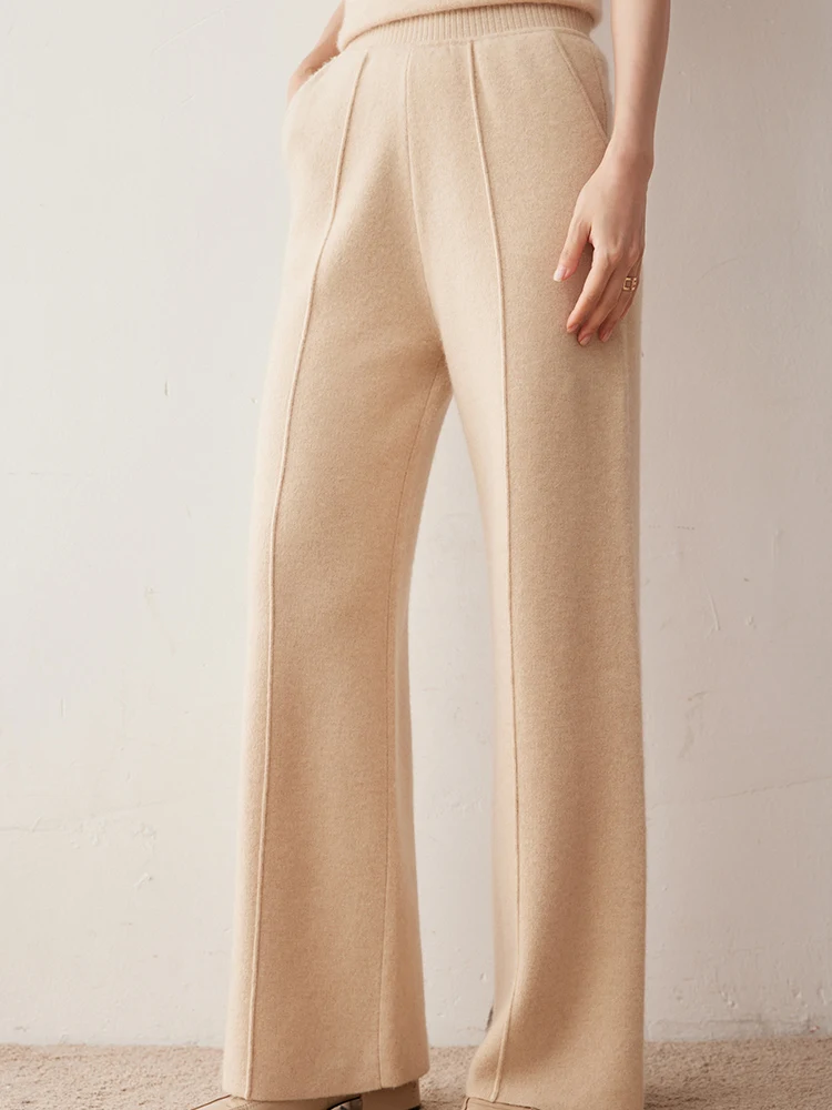 Pantalon droit en cachemire pour femme, taille élastique, 100% cachemire tricoté, poches solides, pantalon classique pour femme de bureau, automne hiver