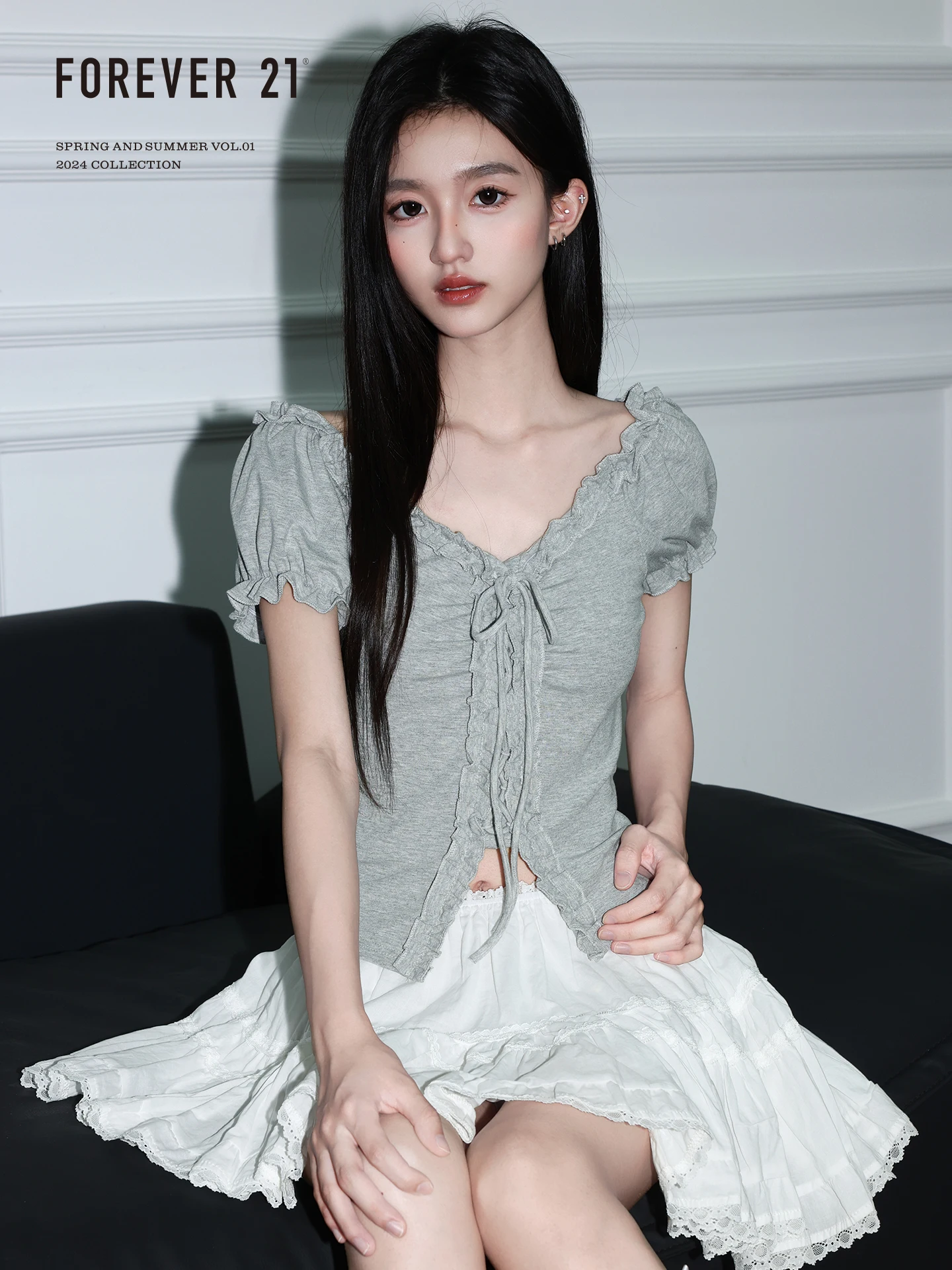 Forever 21 Grey Off-Shoulder Bubble Sleeve T-Shirt Women's New Style Belted V-Neck Slim Fit Short Sleeve Summer Top