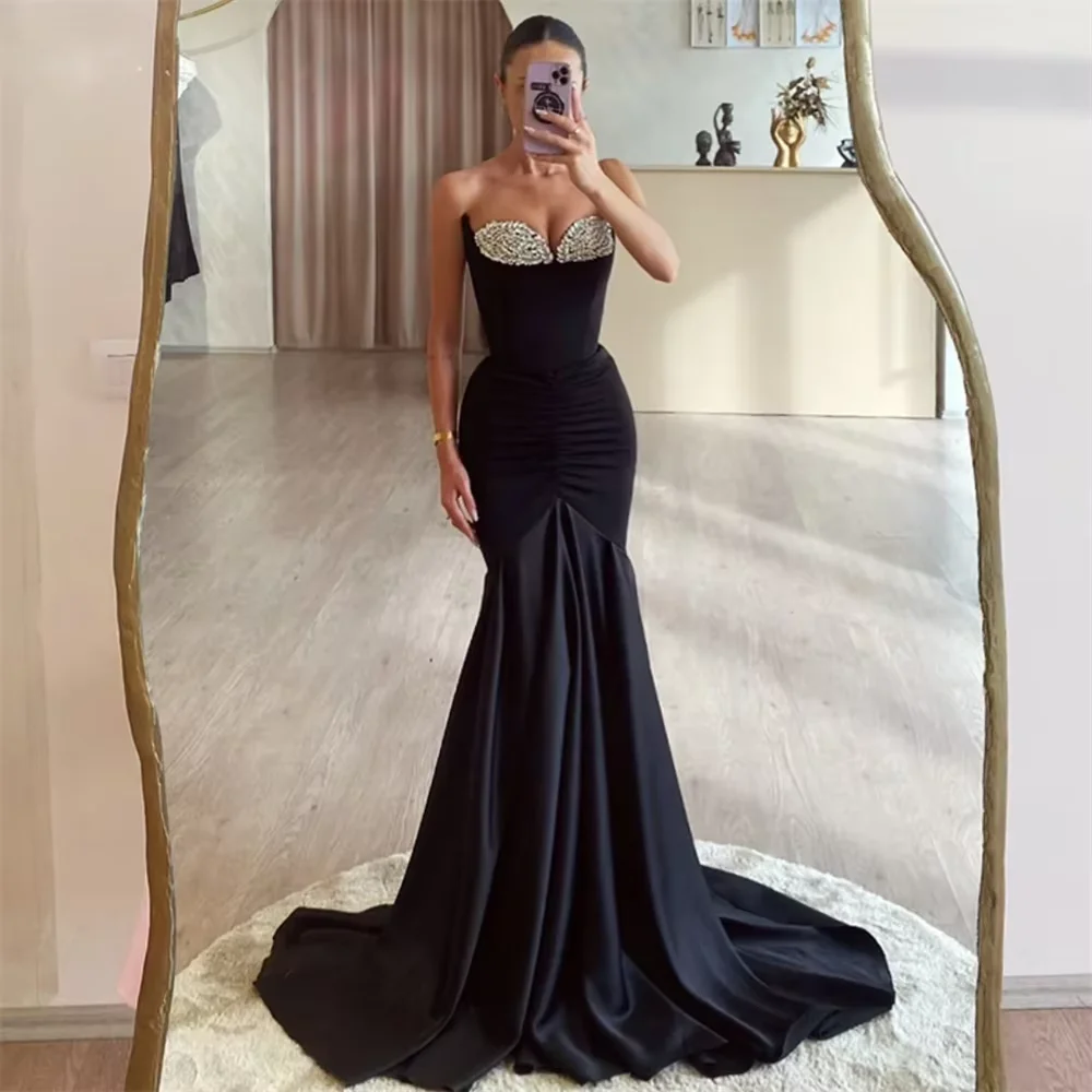 Customized Black Satin Mermaid Prom Gown Sexy Strapless Chest Bead Backless Formal Celebrity Party Dress فساتين سهره نسائيه فخمة