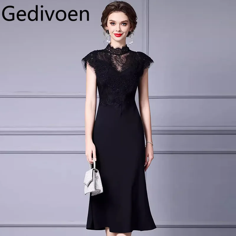 Gedivoen Summer Fashion Runway Designer Dresses Women's Vintage Solid Color Embroidery  Lace Net Yarn Nail Bead Mermaid Dresses