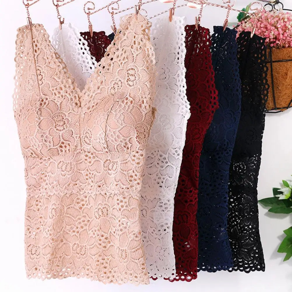 Women Tank Top V-neck Skeleton with Pads Spaghetti Straps All-Match Sexy Lace Long Bra Crochet Vest Inside Wear