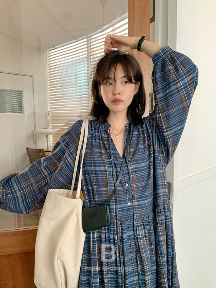 Women\'s Casual Oversized Plaid Long Shirt Dress Spring V Neck Full Sleeve Maxi Dresses Loose Waisted