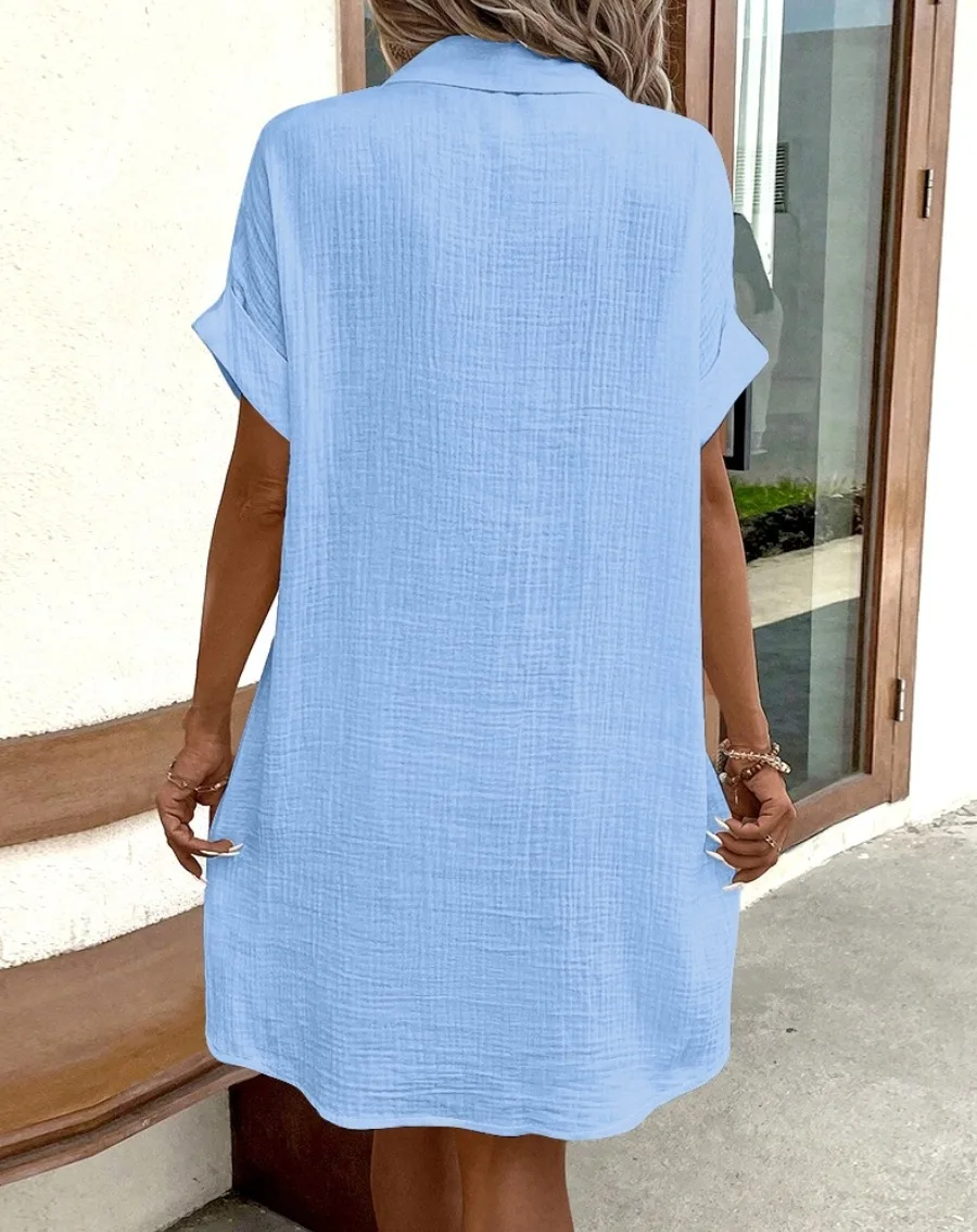 Solid Simple Short Sleeve Dress Women's V-neck Cotton Linen Single Breasted Dress 2025 Summer Fashion Casual Elegant Loose Dress