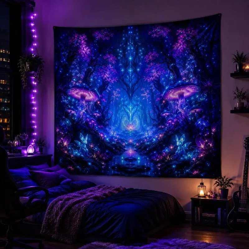 VIKAMA Neon Enchanted Forest Tapestry Wall Hanging Glowing Mushrooms Blue Purple Fantasy Aesthetic Wall Art Bedroom Dorm Decor