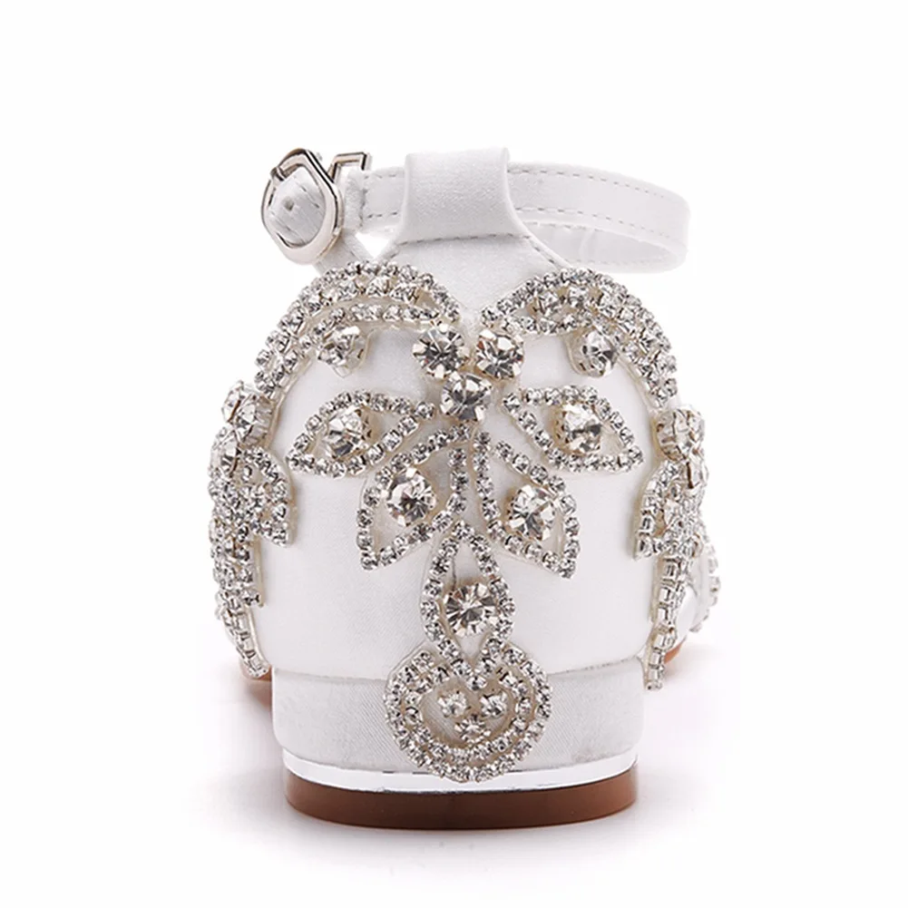 Summer new round toe silk rhinestone one-line strip square heel low-heel wedding shoes banquet large-size flat women's sandals