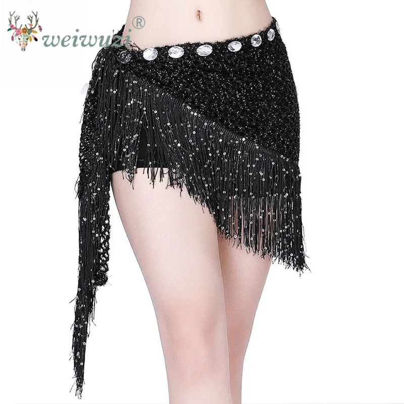 Latin Dance Hip Scarf Glitter Fringe Triangle Wrap Belt Sparkle Skirt Dancewear for Women Outfit Accessory with Tassel Sequins