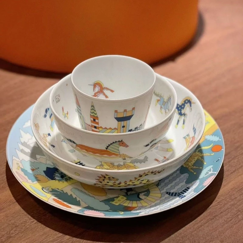 

Cartoon Tableware Overglaze Color Rice Bowl Plate Small Water Cup Children's Creative Tableware Set Unicorn Four - Piece Set
