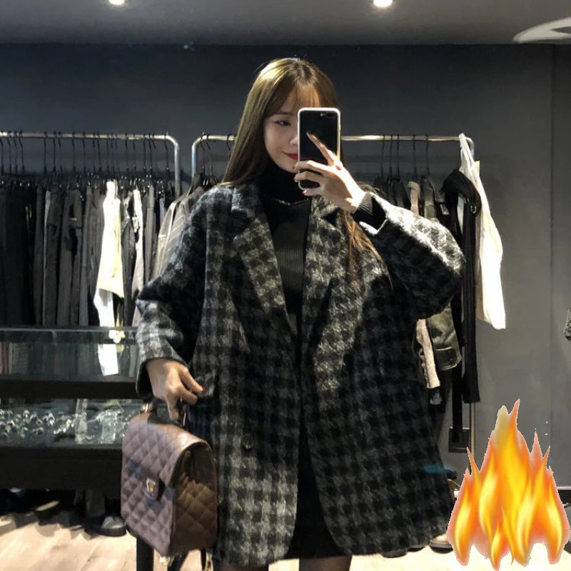 Vintage Houndstooth Winter Coats Women Loose Woolen Blend Overcoat Double Breasted Luxury Thick Jacket Warm Fall Wool Chaquetas