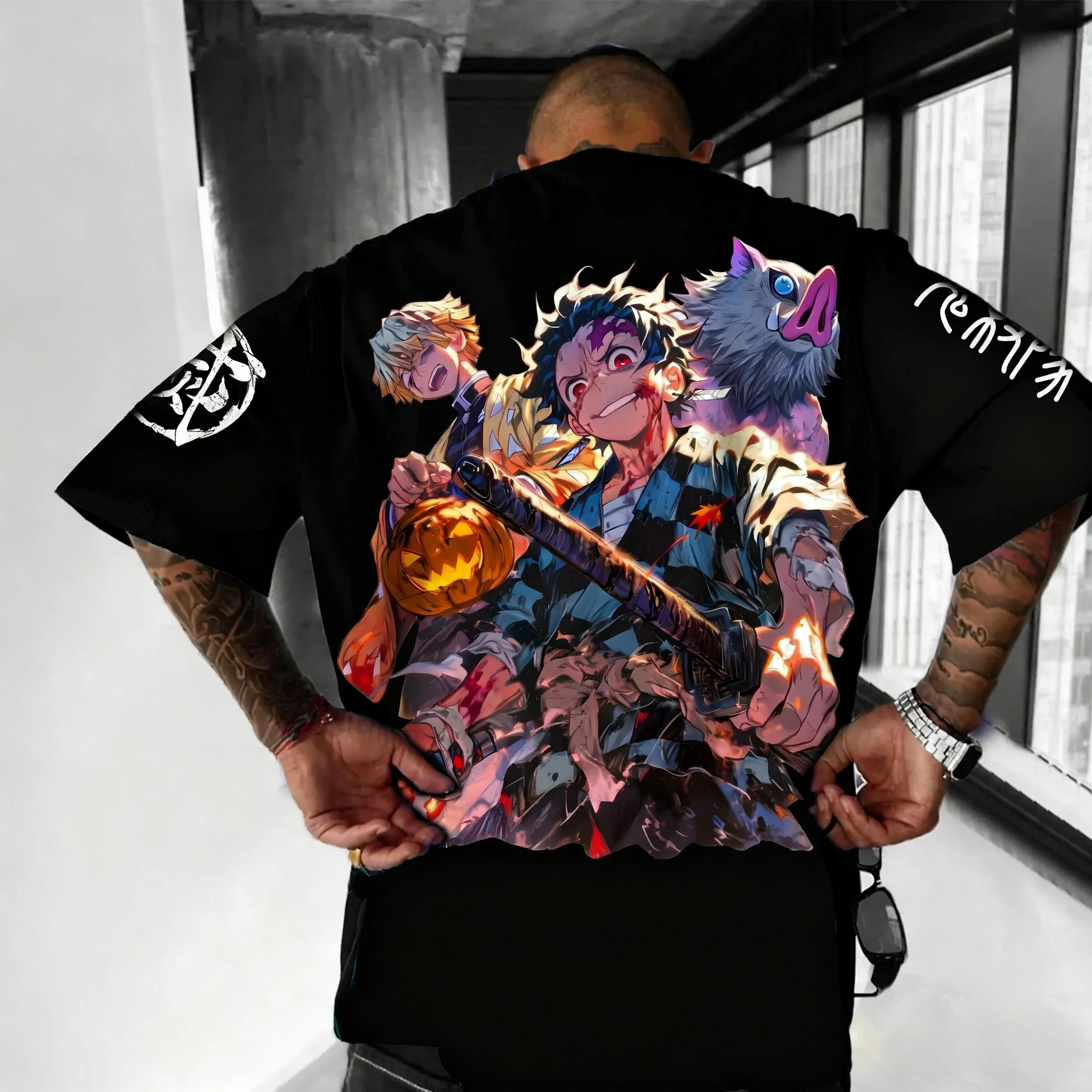 Demon Slayer Anime Halloween T-shirt per uomo Estate Nuovo colorato stampato Harajuku Casual Allentato Genitore-bambino Top a maniche corte