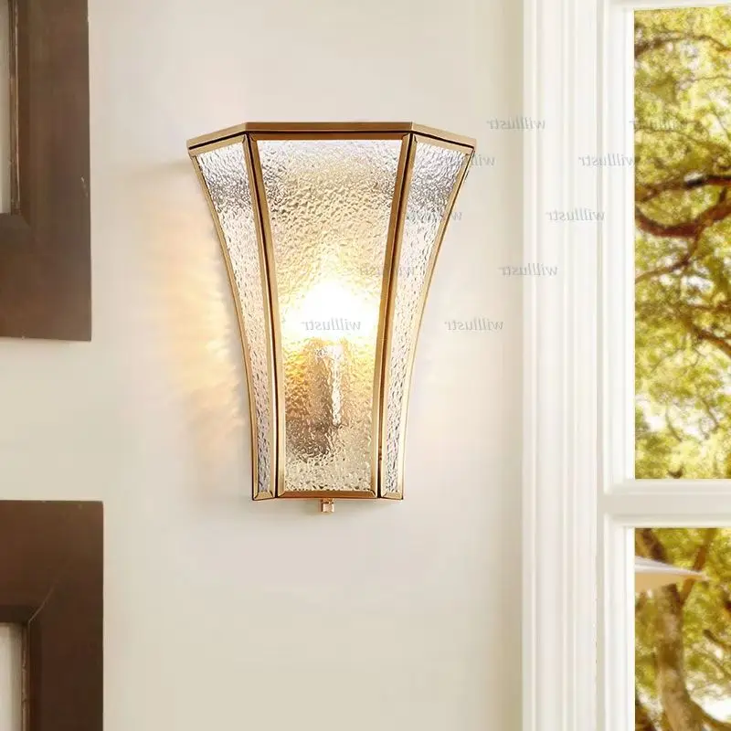 Glass Wall Lamp Copper Sconce Hotel Restaurant Mall Lounge Bedside Aisle Staircase Foyer Balcony American Country Style Lighting