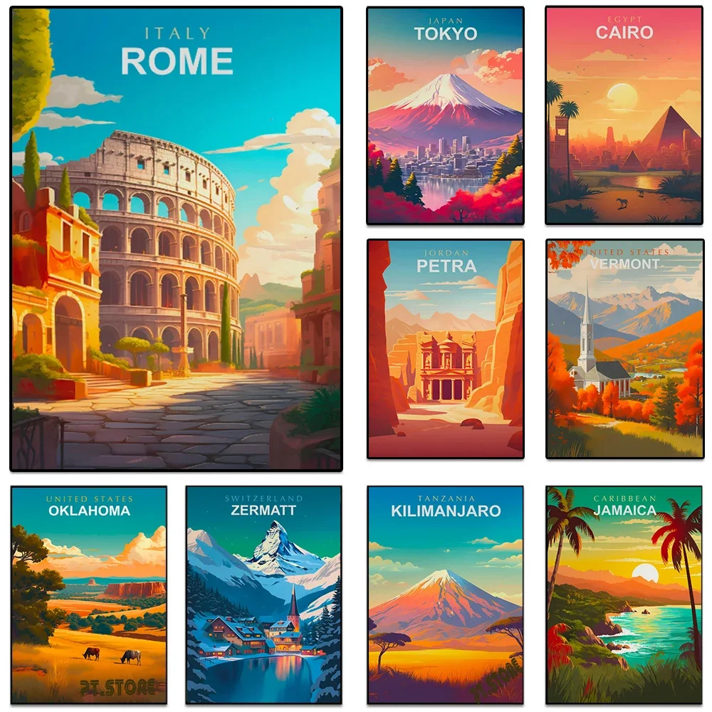 (1pc frameless)World Travel Cities Posters Prints Rome Japan Paris Travel Landmark Landscape Canvas Painting Wall Art Living Roo
