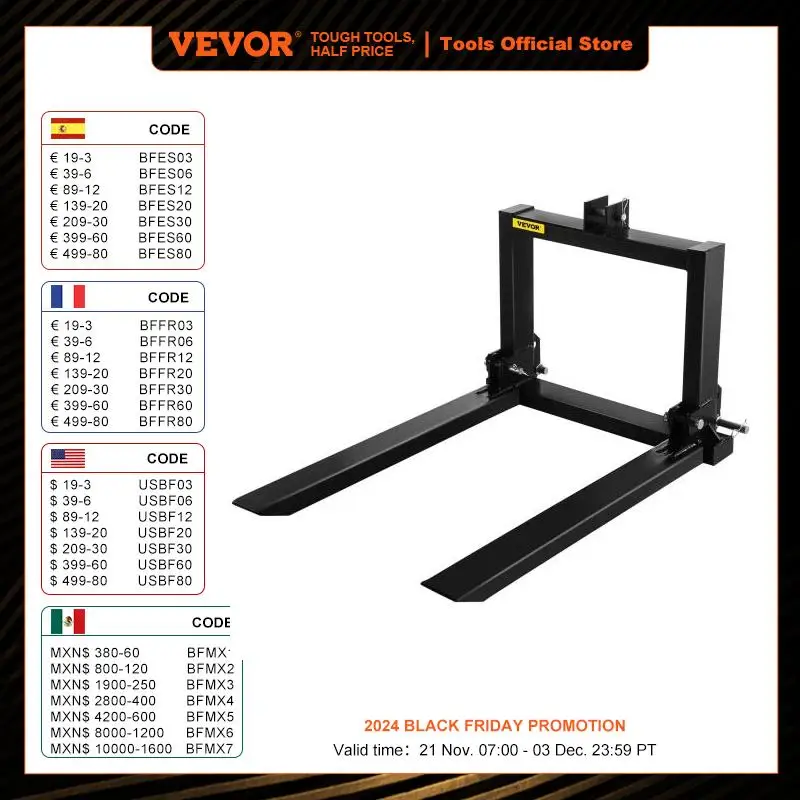 VEVOR 2000lbs 3 Point Hitch Pallet Fork Heavy Equipment Fork Attachment for Category 1 Tractor Skid Steer Loader