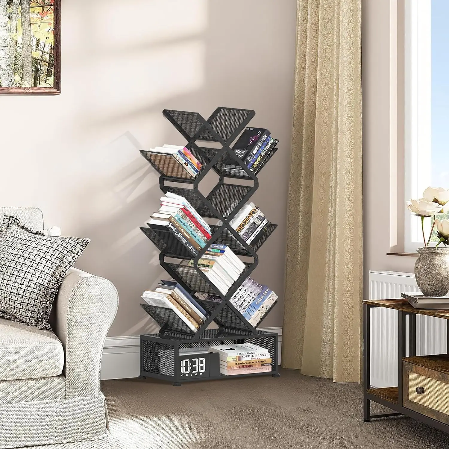 9-Tier Space Saving Book Shelf with Storage,Bedroom Shelves Folding Bookshelves,No Installation Required Tree Metal Bookshelf