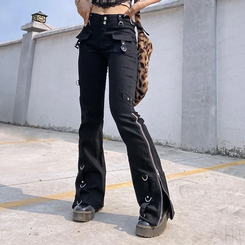Women Low Waist Jeans Denim Straight Flare Pants Vintage Pockets Zipper Denims Autumn Streetwear Ankle Length Trousers