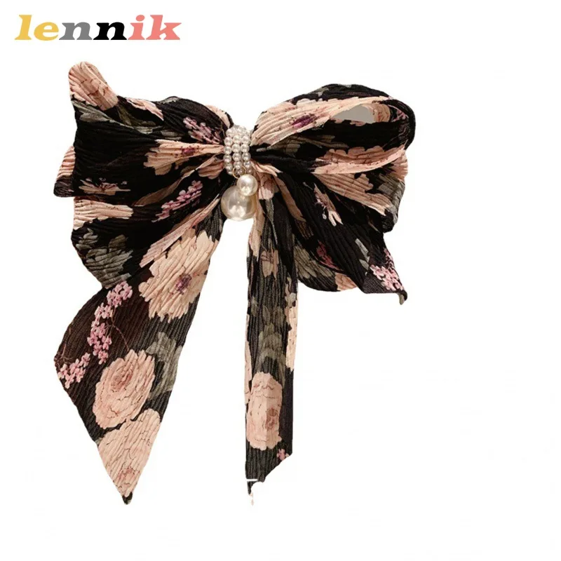 LENNIK Accessorio per capelli da ragazza elegante, clip di perle con fiocco floreale arricciato, nuova clip superiore primaverile Ins, gioielli di moda temperamento