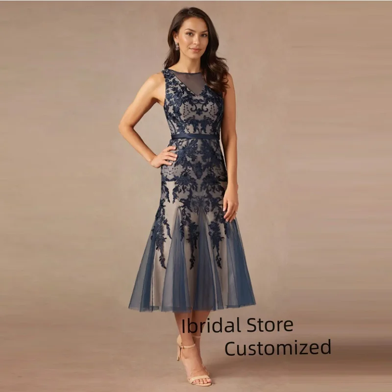 

Customized Elegant Lace Appliques Mother of the Bride Dresses Mermaid Bridal Gown Tea Length Sleeveless Vestidos De Novia