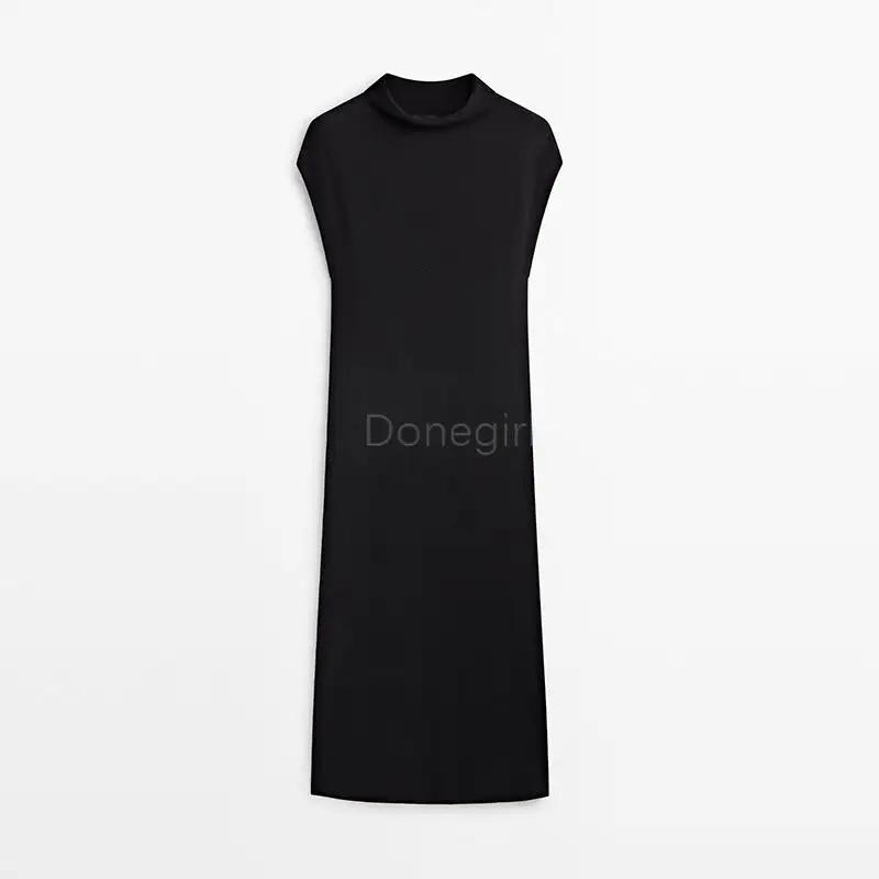 Donegirl 2023 New Women Fashion Short Sleeve Turtleneck Dresses Simple Temperament Knitted High Collar Long Dress Female Chic