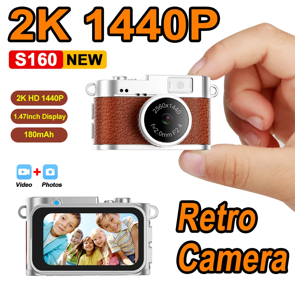 S160 Mini Keychain Camera With Screen 2K 1440P Portable Retro Kids Cam Ultra Compact Pocket DV Video Recorder With Flash Lamp