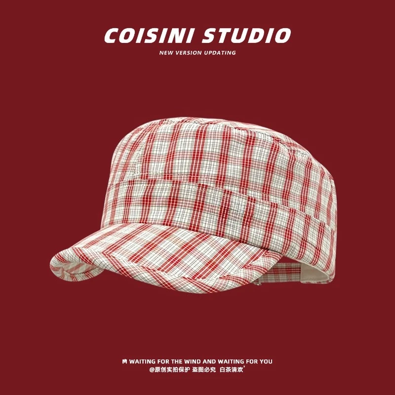

Japanese Vintage British Plaid Flat Top Painter's Hat Women's Spring and Summer Fashion Versatile Sunshade Newsboy Caps