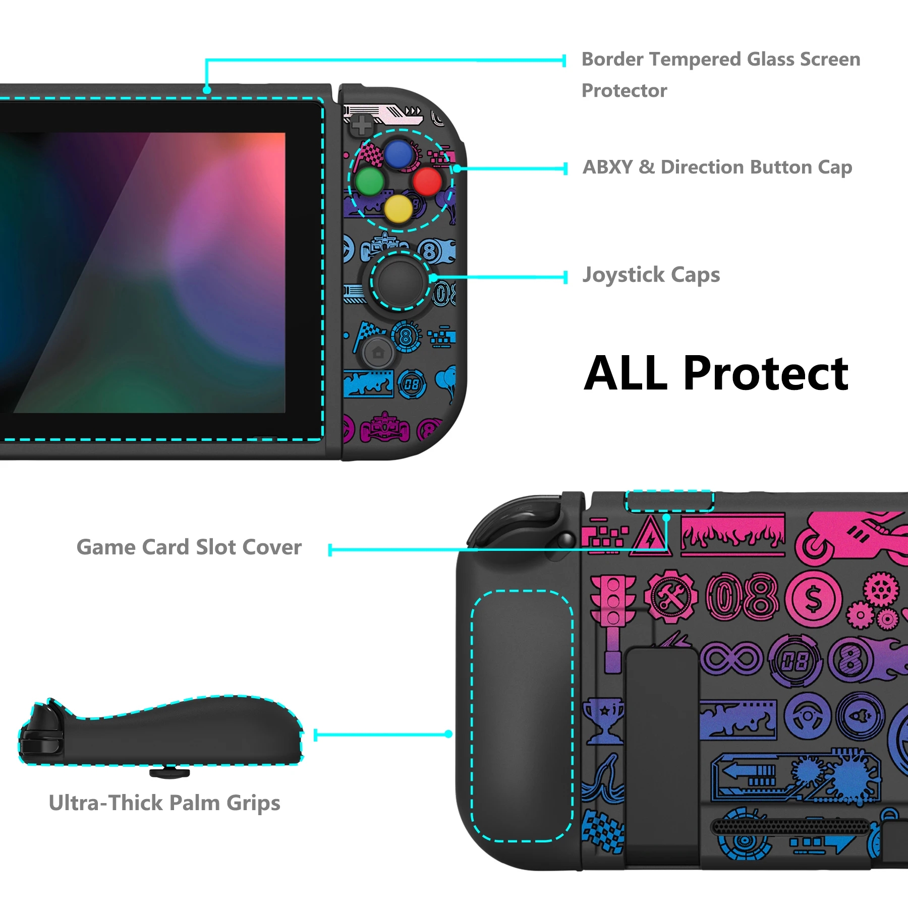 PlayVital ZealProtect Protective Soft Case Cover for Nintendo Switch W/Glass Screen Protector, Thumb Grips - Deluxe Championship