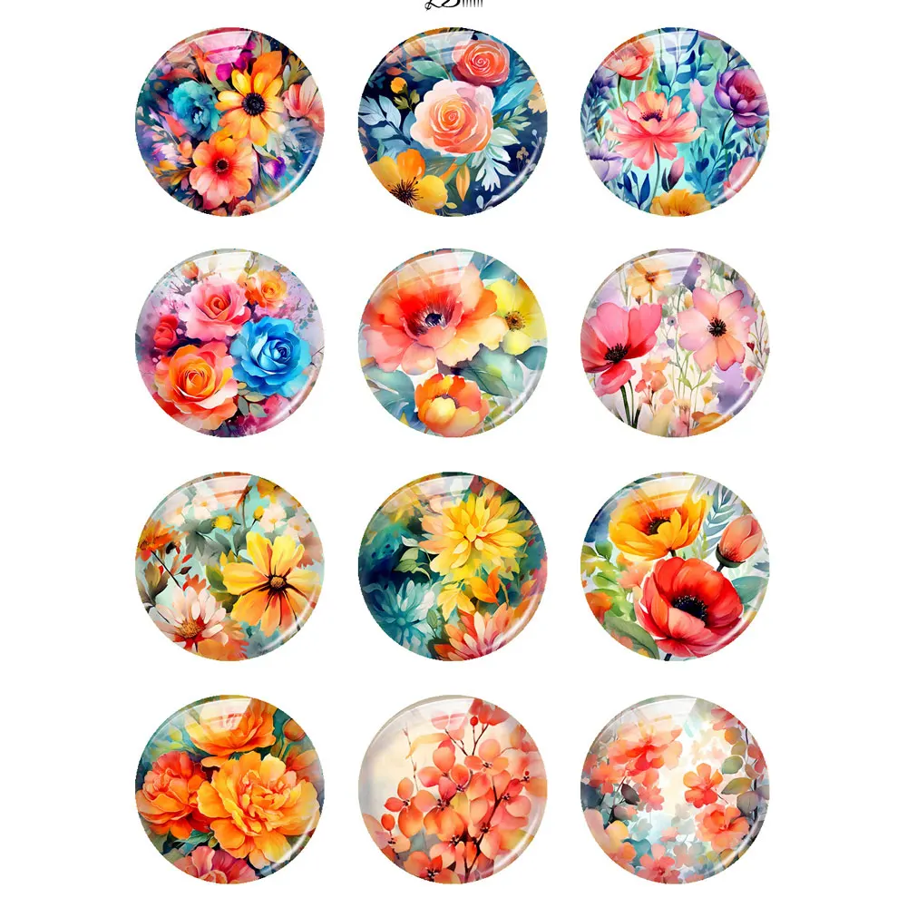 Watercolor Flower Photo Glass Cabochon Charms Spring Flatback Demo Flat Back Cameo For Diy Jewelry Making Findings Accessories